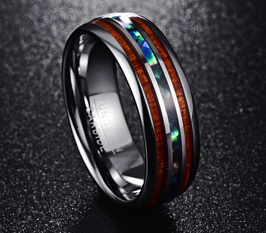 Acacia Wood Abalone Shell Tungsten Steel Ring Crystalstile