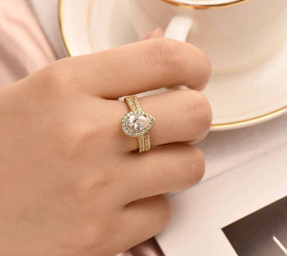 Engagement Ring, 2 Pieces 14K Yellow Rose Gold Wedding Set, Crystalstile