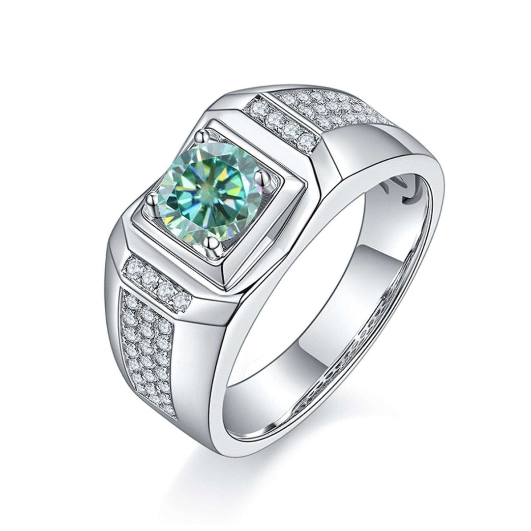 Moissanite Ring Wedding For Men, 925 Sterling Silver Green Round Crystalstile