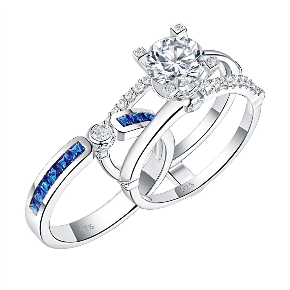 Engagement Ring Sets, round cut, sterling 925 silver blue pink, Crystalstile